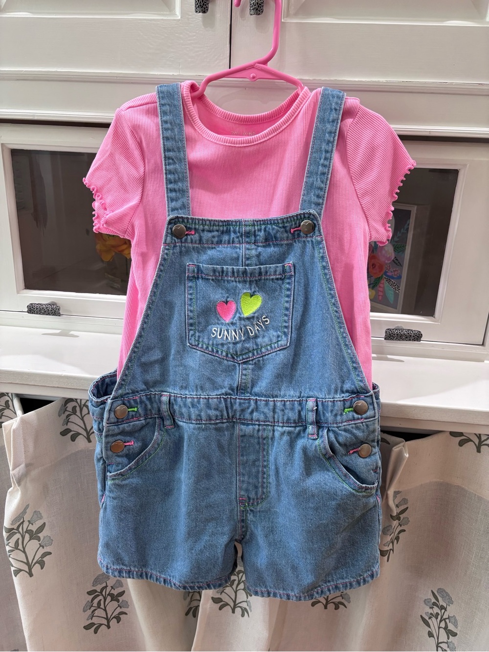 Kids Pink Tee with Denim Short Overalls - Sunny Days size 7